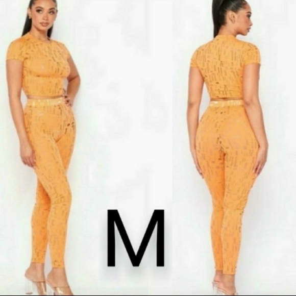 May Pink Pants - 🆕Orange Distressed Pattern Short Sleeve Top and Pants Set  Size M